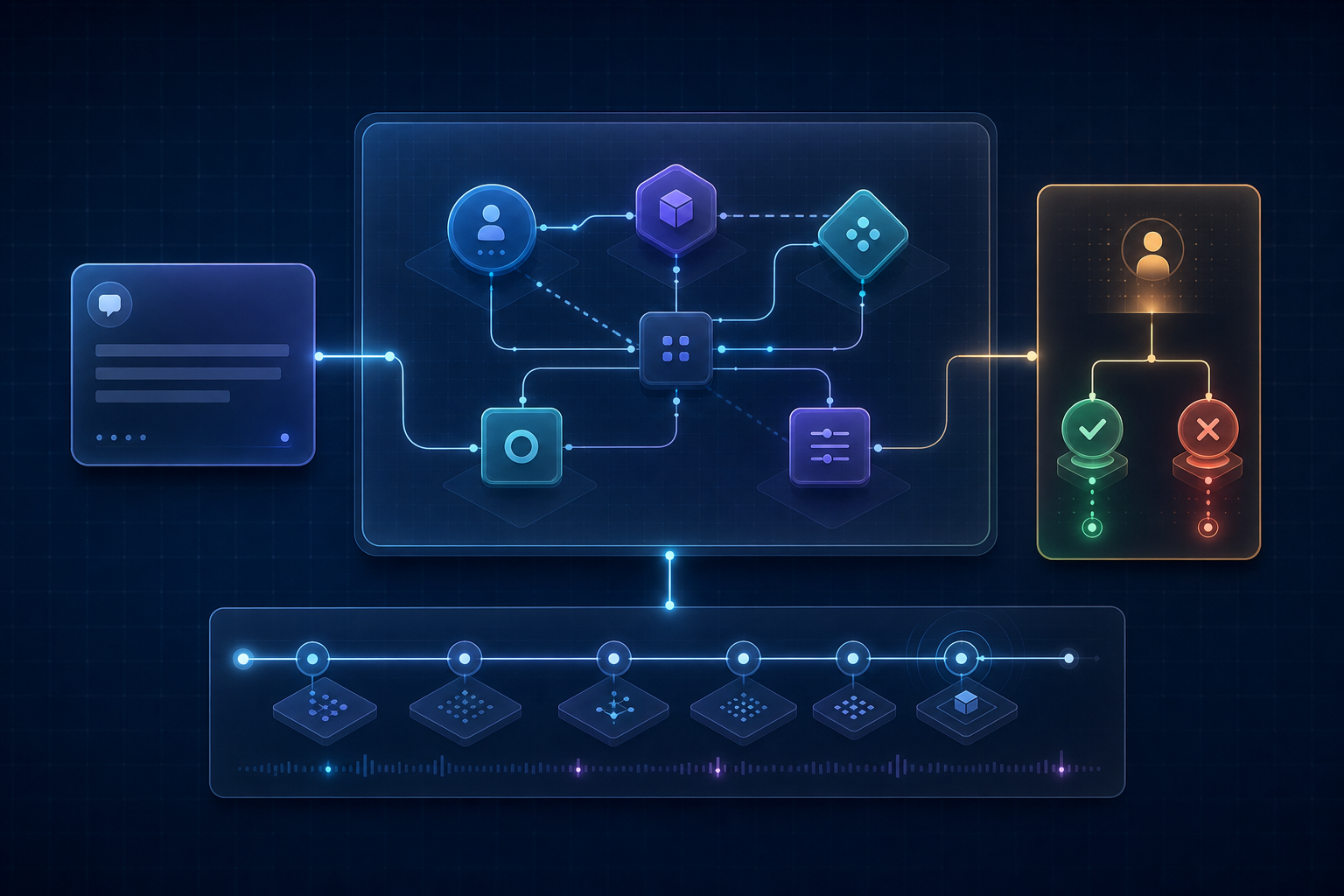 Concept Runtimeの設計ワークベンチで、要件、構造化モデル、人のDecision、Simulation Traceを一つの流れとして確認するビジュアル